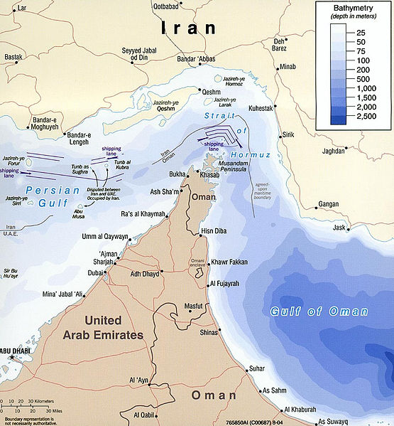 Strait of Hormuz showing confined shipping lanes (Wikimedia Commons)